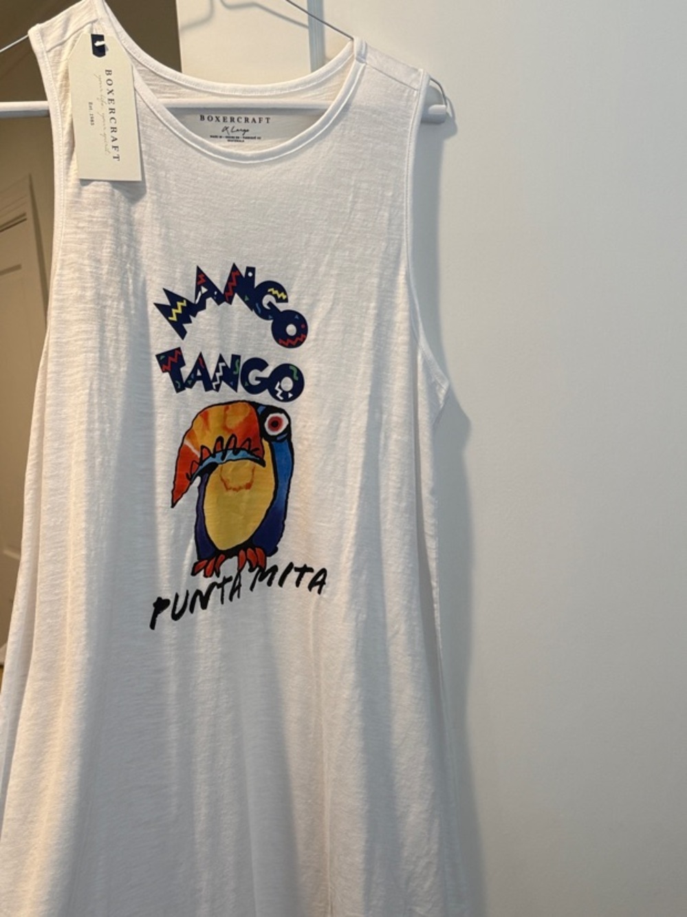 Boxercraft White Tropical Toucan Tank Top “MANGO TANGO PUNTA MITA”